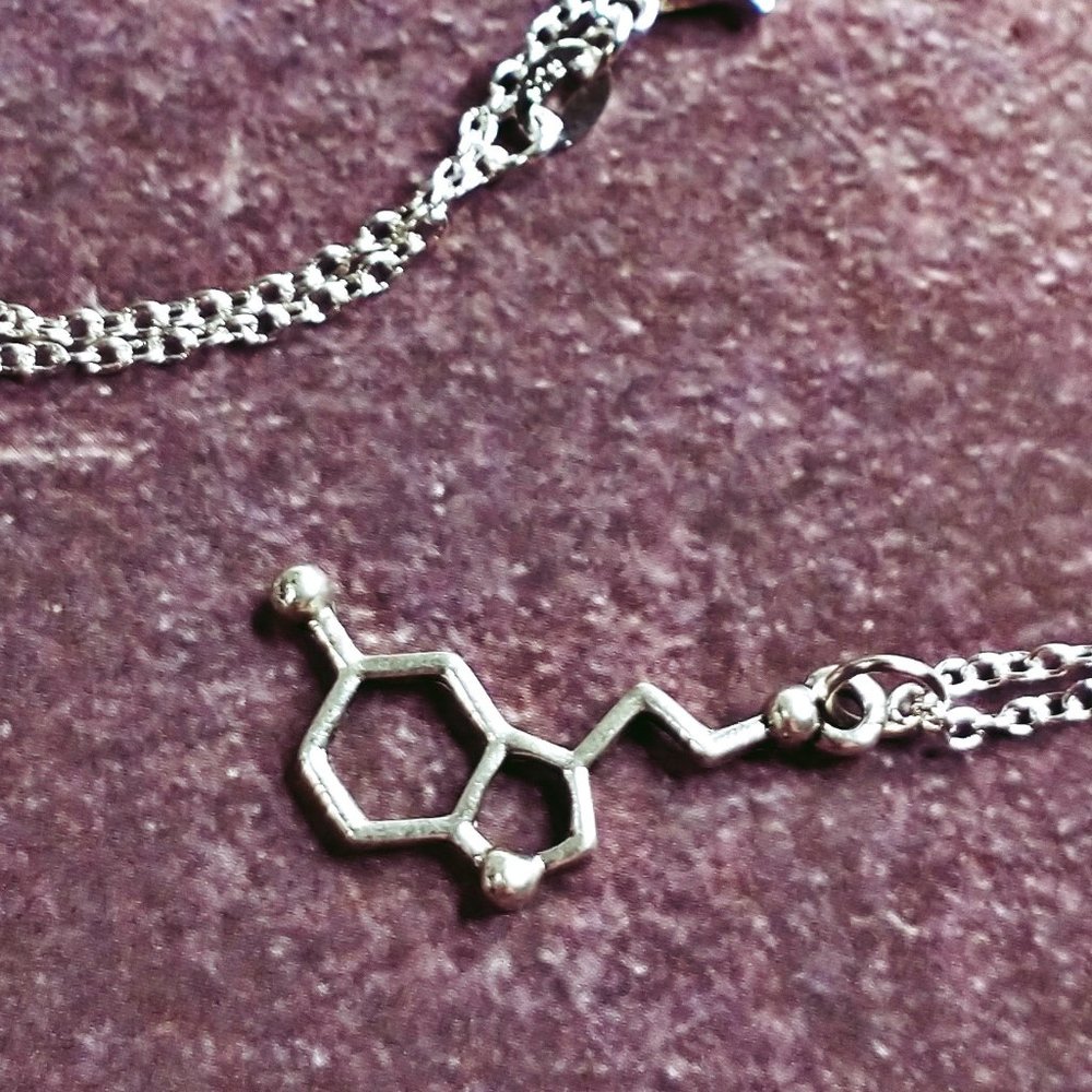 Silver Serotonin Chemical Molecule Necklace - Picture 3 of 6